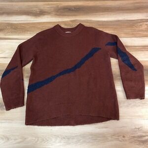 Oak Fort Sweater Men Medium Burgundy Blue Striped Crew Neck Long Sleeve